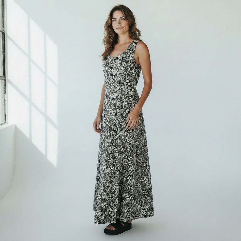 Vtg Express Campagnie 90s Maxi Dress 3/4 Black Floral Rayon Grunge Cottagecore